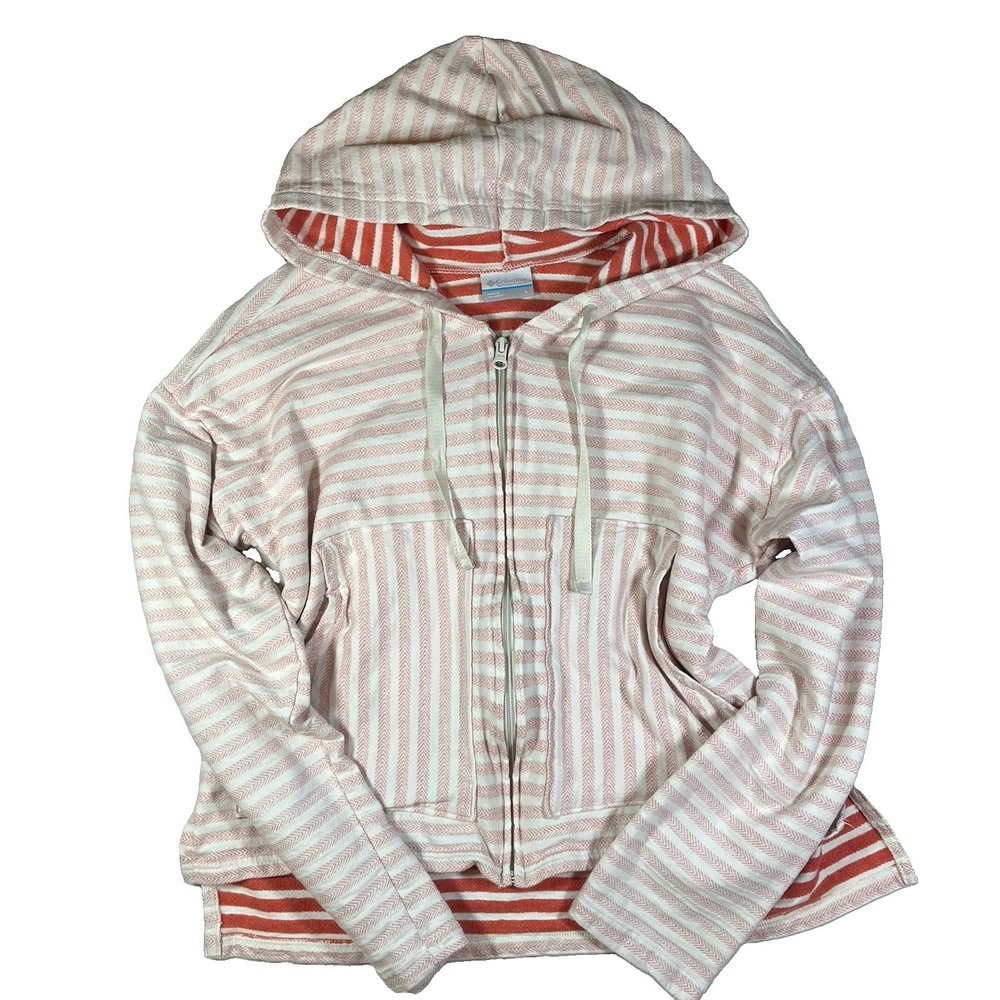 Columbia Womens Orange & White Striped Zip Up Hooded Sweatshirt Size Large
